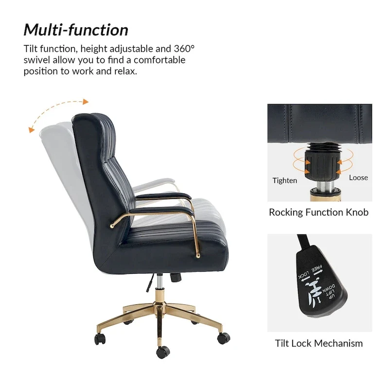 Mid-Century Modern Vegan Leather Swivel Tilting Office Chair with Channel Tufted and Metal Feet