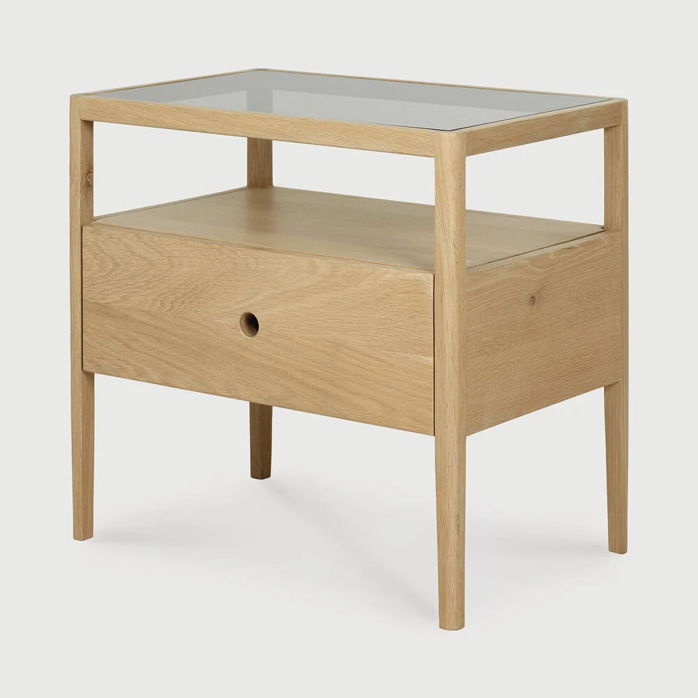 Modern Glass & Wood Bedside Table with Single Drawer & Open Shelf for Bedroom