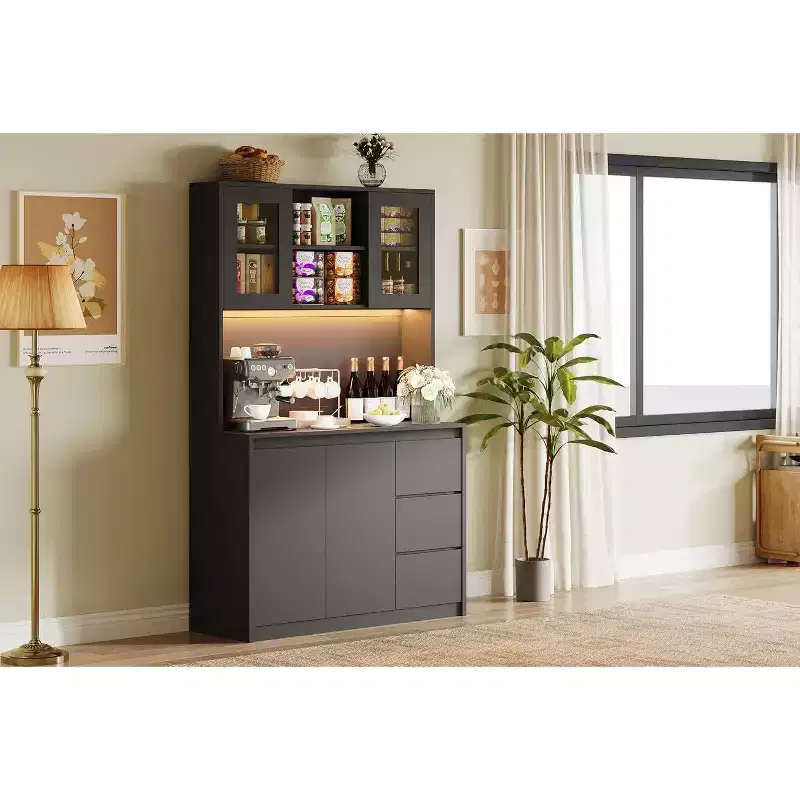 Kitchen Pantry Cabinet with Doors and Adjustable Shelves, 71 Tall Storage Hutch with Microwave Shelf, LED Lights and Charging Station