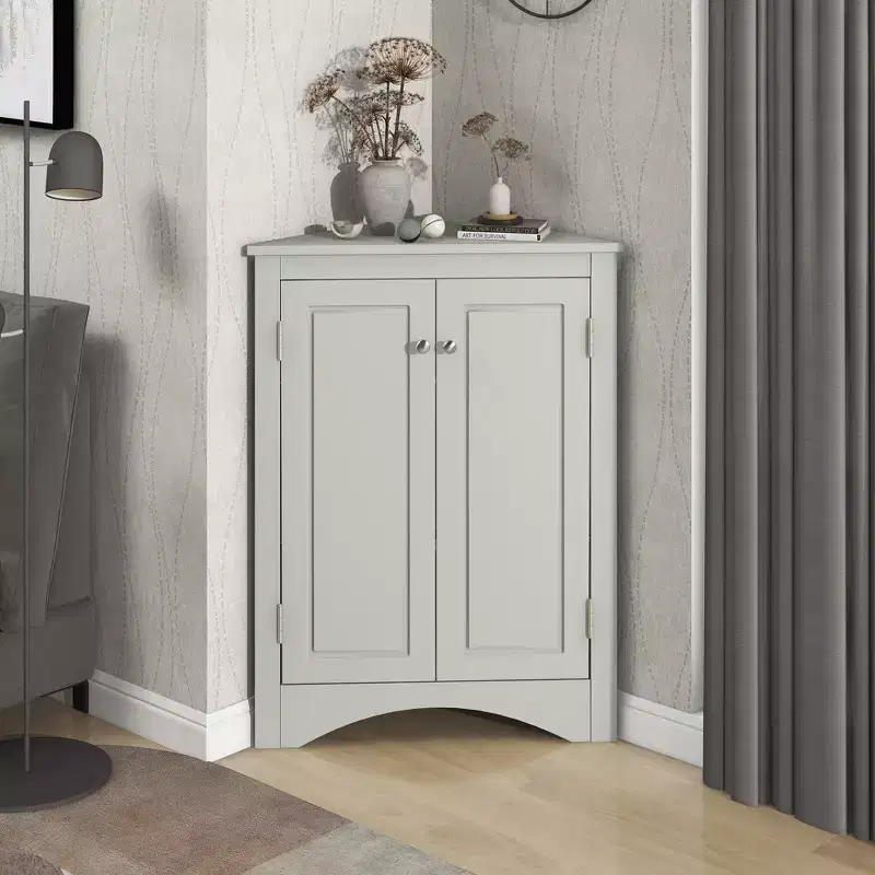 Rustic Corner Bathroom Storage Cabinet with Adjustable Shelves, Freestanding Floor Wood Cabinet - ModernLuxe