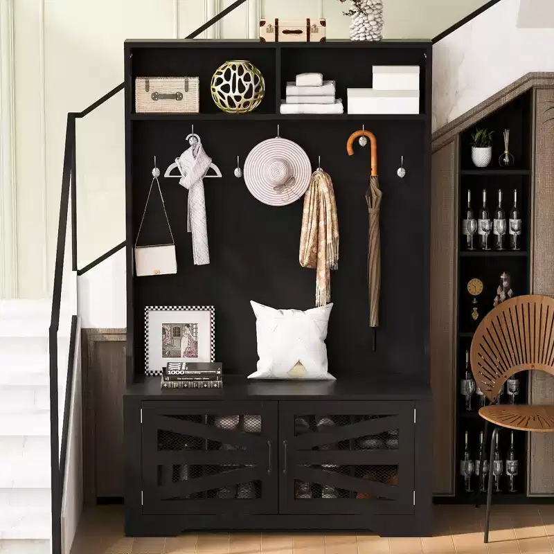 43.3 Entryway Bench with Coat Rack, 3-in-1 Design Hall Tree with 7 Hooks and Adjustable Shelves