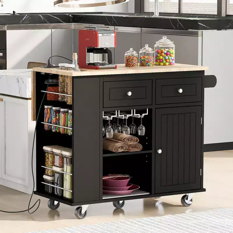 Kitchen Island with Power Outlet Drop Leaf and Rubber Wood Wine Rack 5 Wheels Adjustable Storage for Home Dining Room Black