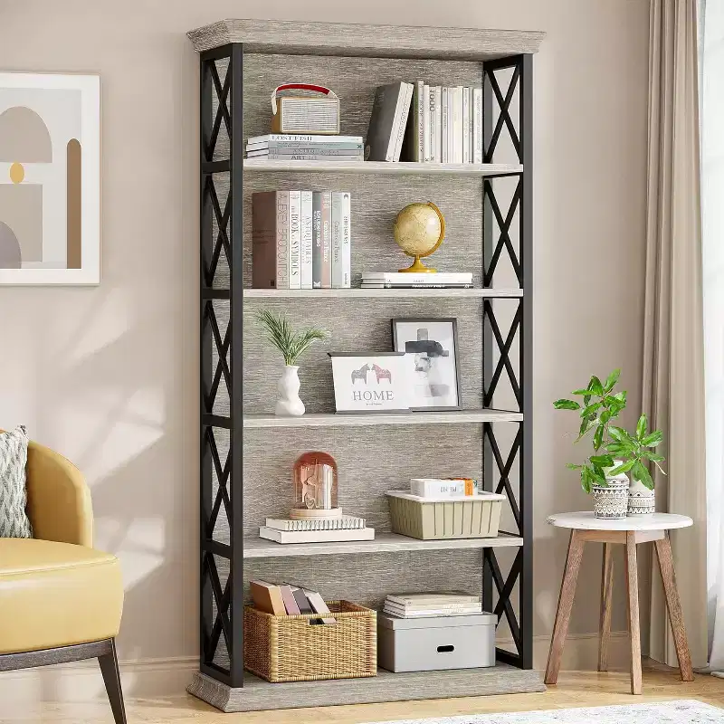 6-Tier Bookcase, 71 Inches Industrial Bookshelves, Floor Standing 5 Shelf Display Storage Shelves for Home Office, Living Room, Bed Room, Grey
