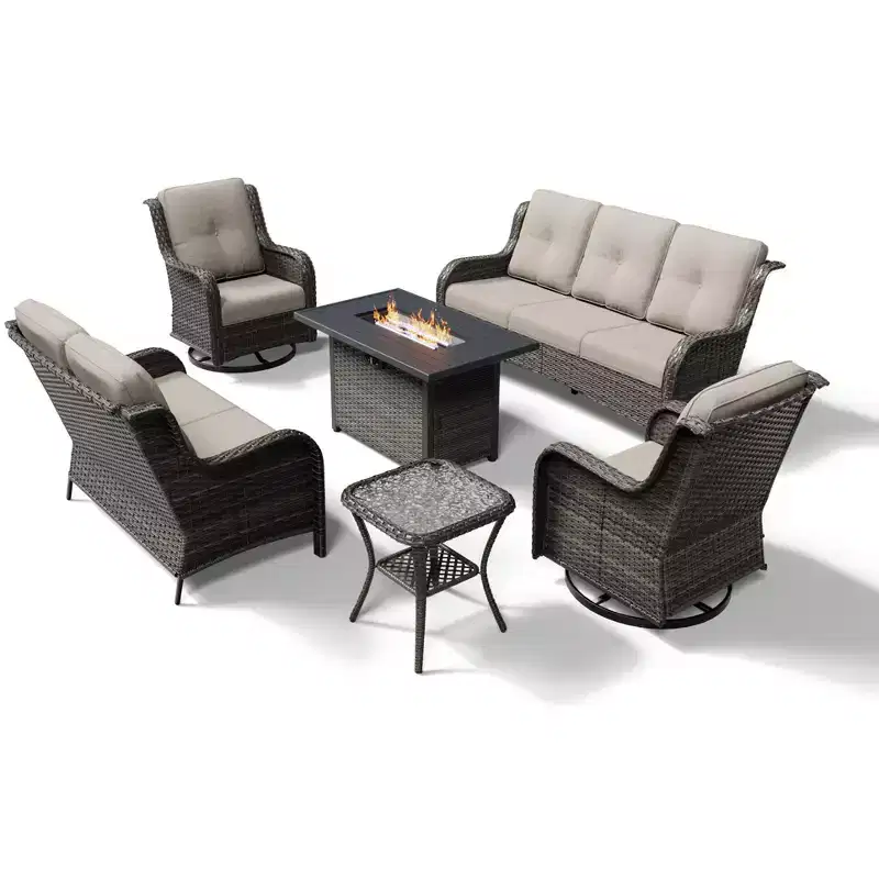 UPTIOT Premium Outdoor Sofa Set with Fire Pit Table & Swivel Chairs