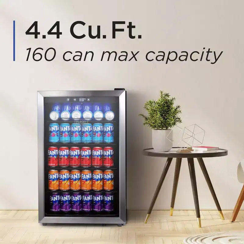 BLACK+DECKER 4.4 Cu. Ft. Beverage Cooler, Beverage Fridge with Double Pane Glass Door, Refrigerator for Drinks with 160-Can Capacity, LED Display