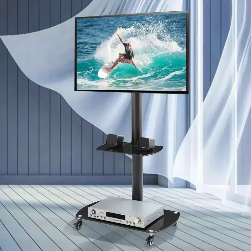 Height & Angle Adjustable TV Stand with Lockable Wheels & Glass Shelves, Mobile LCD/Plasma TV Bracket for TVs from 32 to 65, Black - ModernLuxe