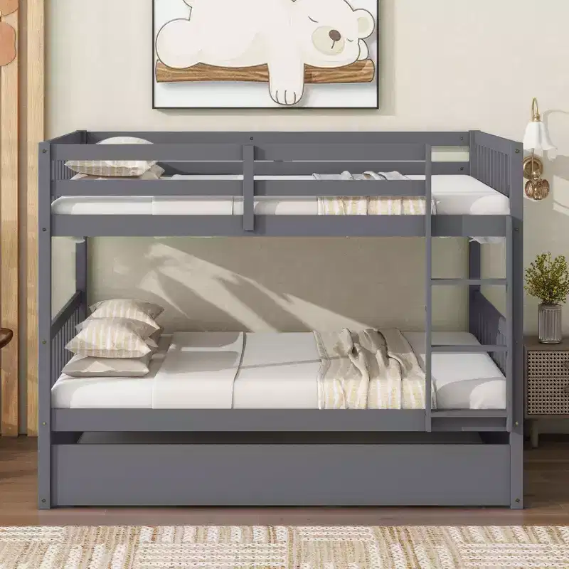 Whisen Full Over Full Rubber Wood Bunk Bed with Trundle, Ladder and Guardrails, Convertible to 2 Full Size Beds
