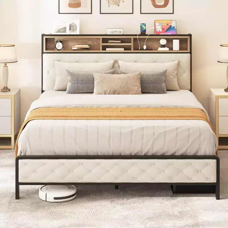 Modern Platform Bed Frame with Upholstered Storage Headboard and Footboard