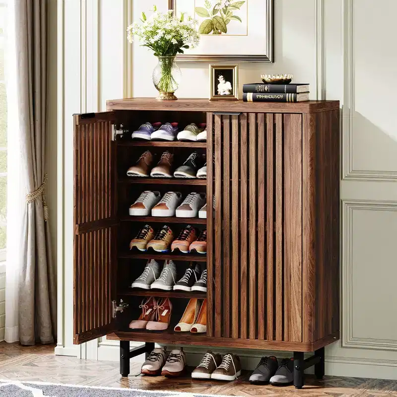 Dark Walnut Breathable Louvered Shoe Cabinet, Ventilated Wooden Shoe Storage for Entryway
