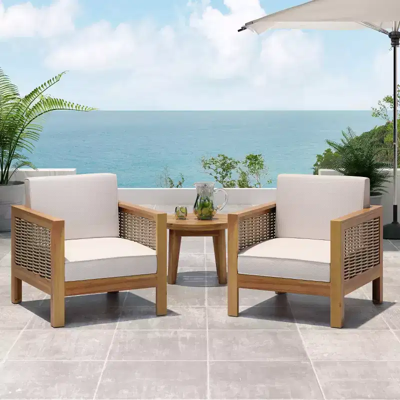GDFStudio Allegra Outdoor Acacia Wood and Wicker Club Chair with Cushion
