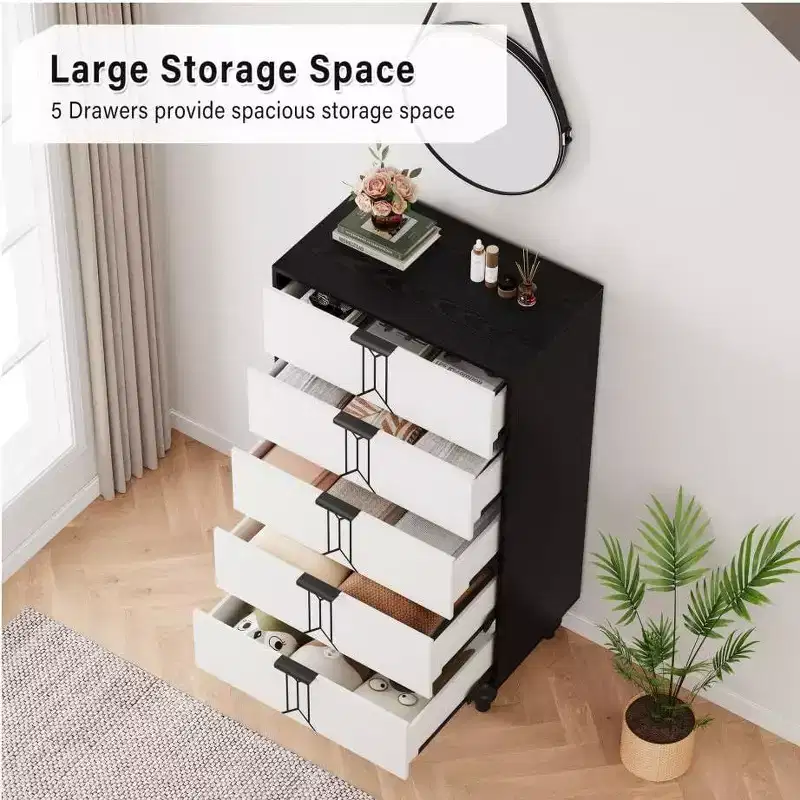 5 Drawers Dresser, Modern Wooden Tall Dresser with Deep Drawers, Chest of Drawers for Bedroom, Living Room, Hallway, Entryway