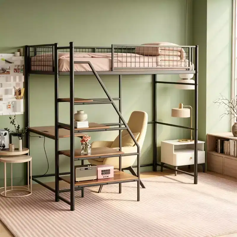 Metal Loft Bed with built-in Desk, Storage shelves and lighting for bedroom and dorm