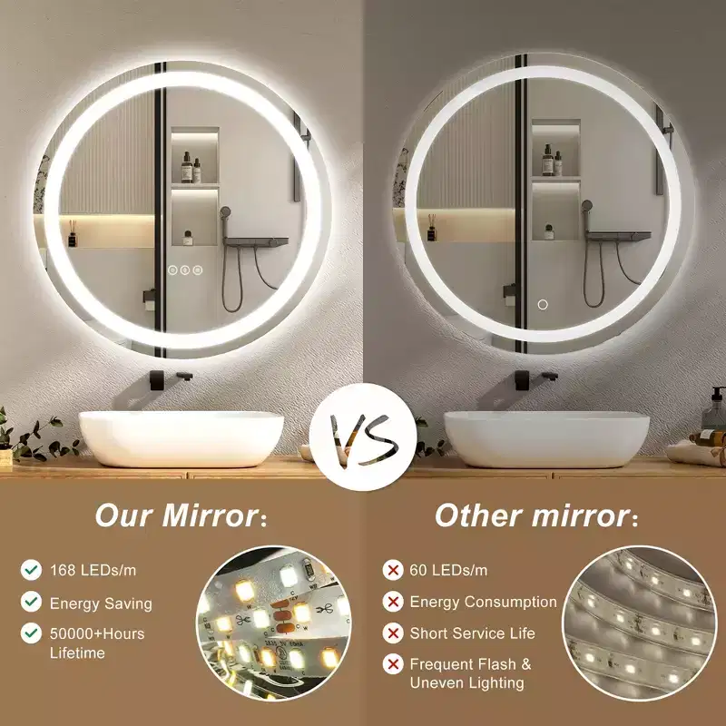 Round Frameless LED Bathroom Vanity Mirror, Anti-Fog, Dimmable, Shatterproof