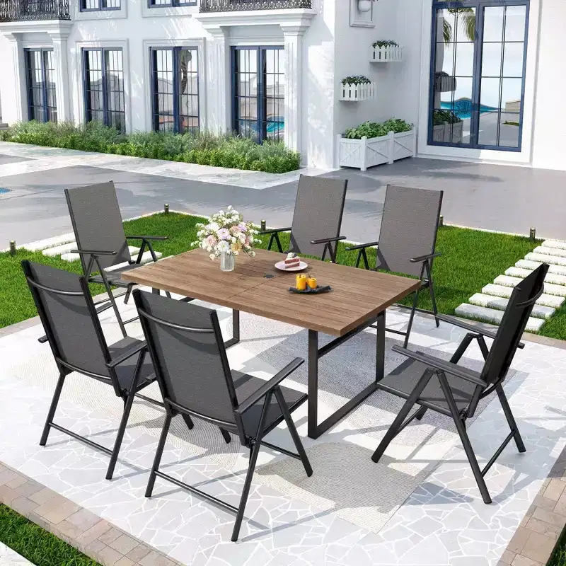 7pc Patio Dining Set with Rectangular Faux Wood Table with Umbrella Hole & Folding Reclining Chairs - Captiva Designs