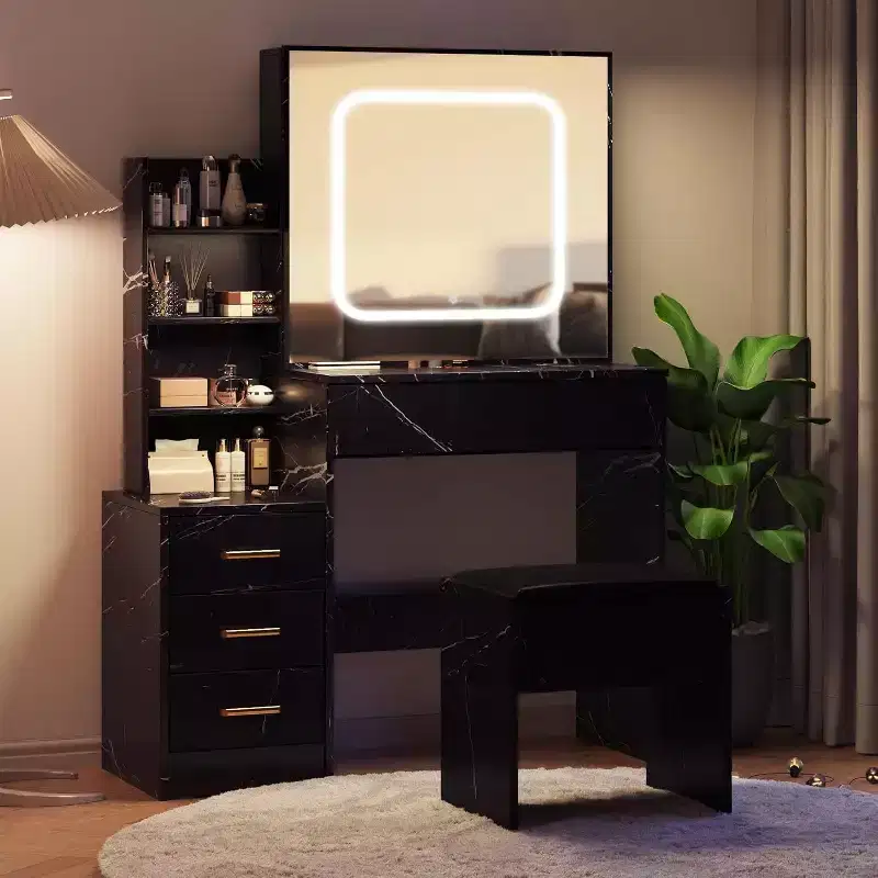 Acekool Vanity Set with Storage Drawers, Sliding Mirror, Charging Station, Adjustable Lighting, Stool, Marble Black