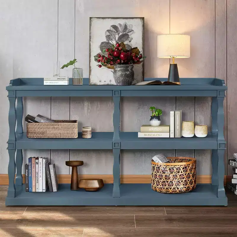 Okak Entryway Table with 3-Tier Open Storage Spaces, Console Table with Roman Column Effect Support Legs, Narrow Console Table for Hallway