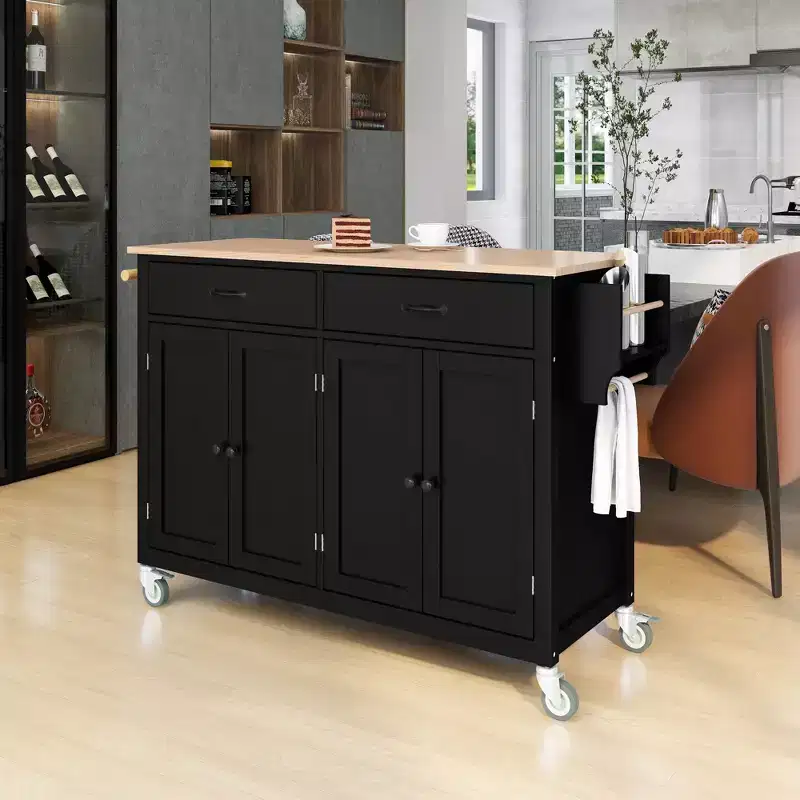 Rolling Kitchen Island Cart on Wheels with Solid Wood Top and Locking Wheels, 54.3 Inch Width, 4 Door Cabinet and Two Drawers, Spice Rack