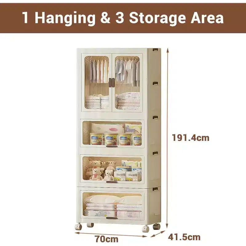 Storage cabinet with Lid, Large Plastic Organiser Boxes, Foldable Wardrobe with Wheels, Stackable Storage Boxes with Door