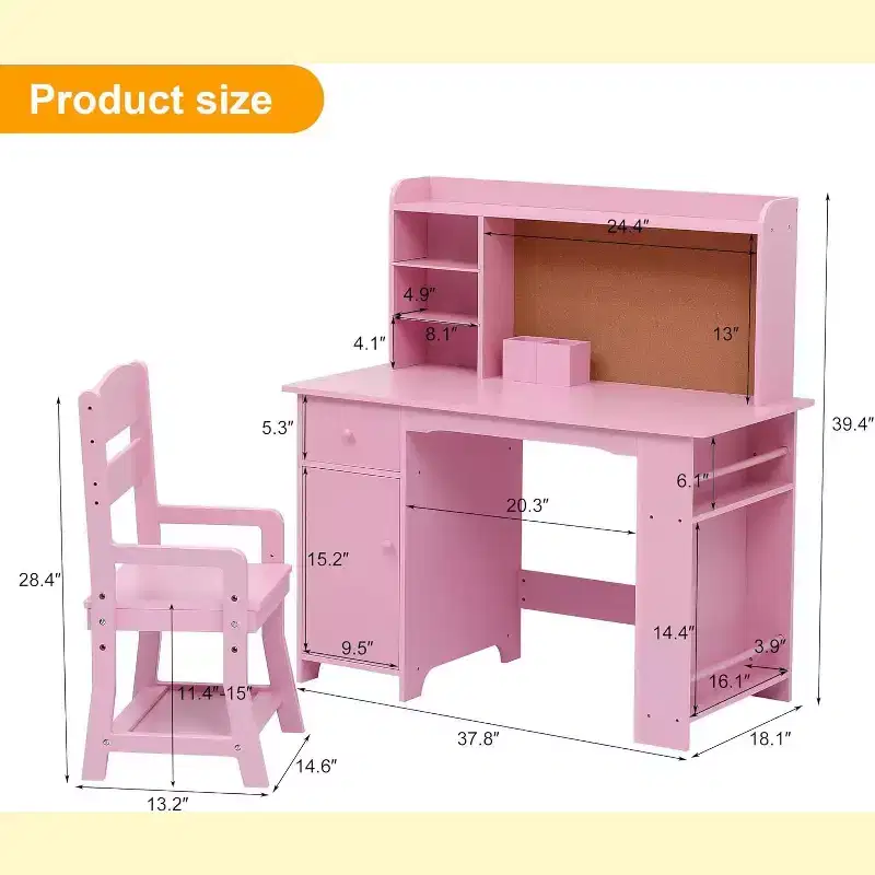 Kids Desk, Study Desk and Chair Set for Boys and Girl, Wooden Kids Writing Table with Bookshelf, Bulletin Board, Cabinet and Drawer for Ages 3-8