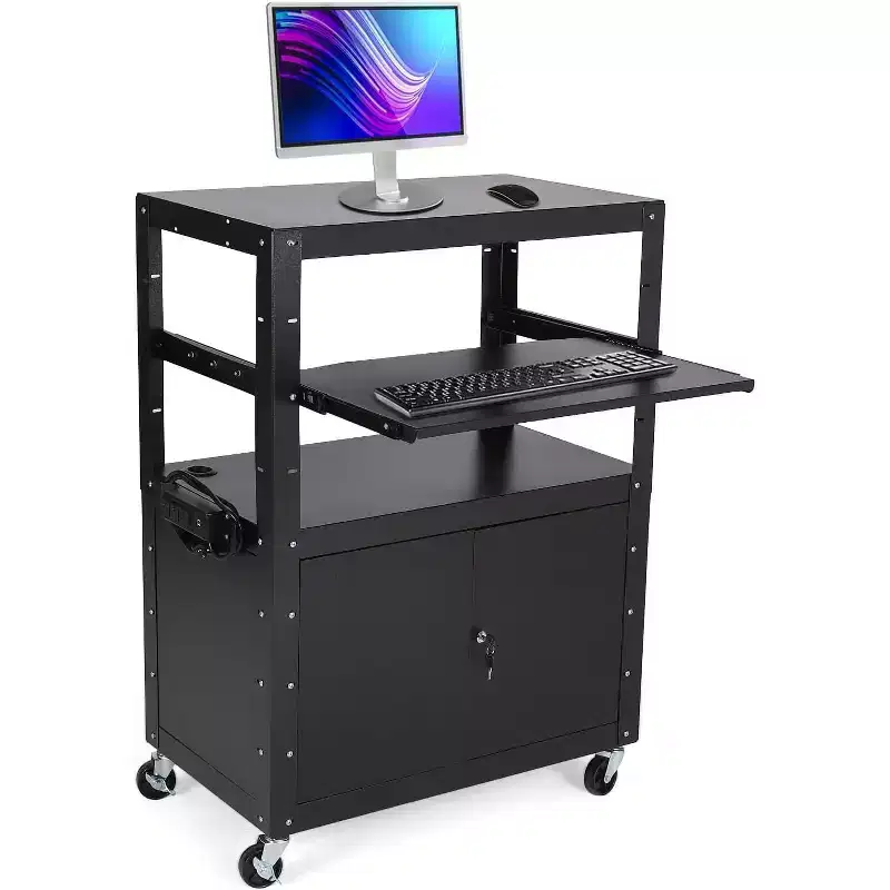 Av Cart with Lockable Cabinet, Height Adjustable 24-42, Non-Slip Mat, 100 Lbs Capacity