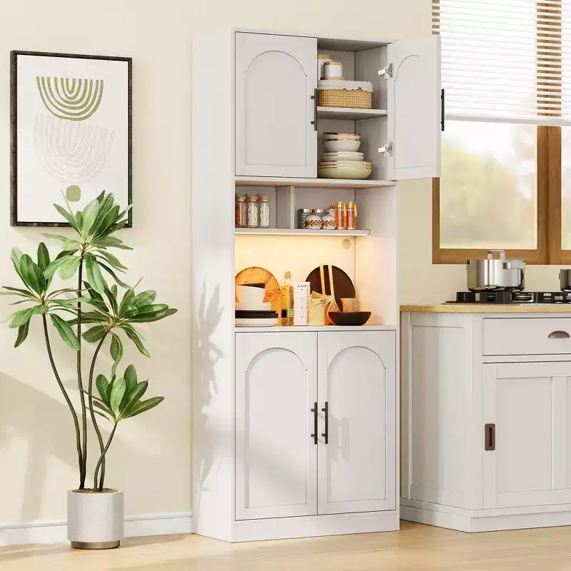 COZONY 71 Tall Kitchen Pantry Cabinet with Microwave Shelf, LED Light, Door & Adjustable Shelves, Hutch Storage Cabinet for Dining Living Room