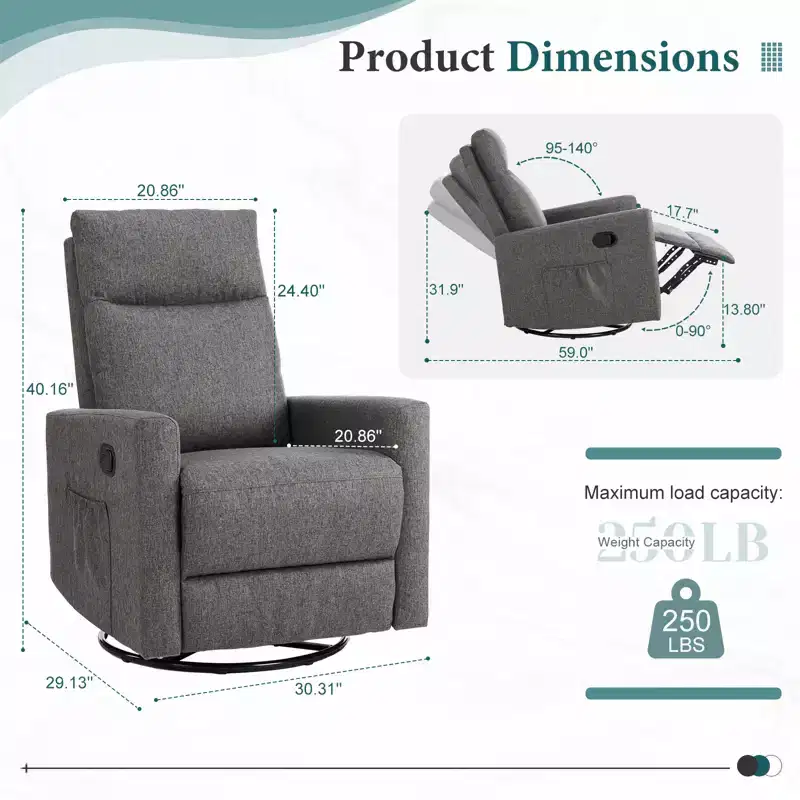 Bestier Recliner Chair, 360 Swivel Rocker Chair for Adults, Upholstered Glider Rocker Recliners with High Back, Nursery Chairs for Living Room, Grey
