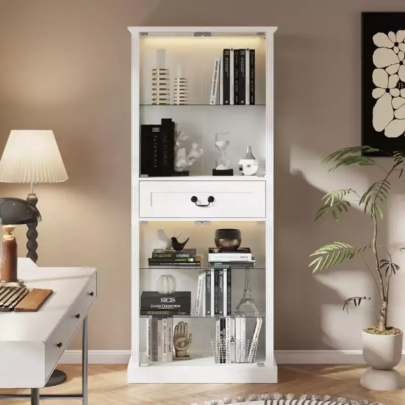 Famapy White Tall Display Cabinet with LED Lighting  Glass Display Case with Drawer for Collectibles, Books & Home Decor