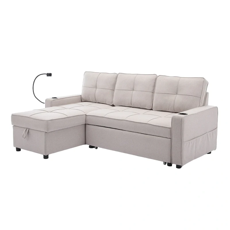 L-Shaped Linen Sleeper Sofa with Pull-Out Bed, Storage and USB Charger