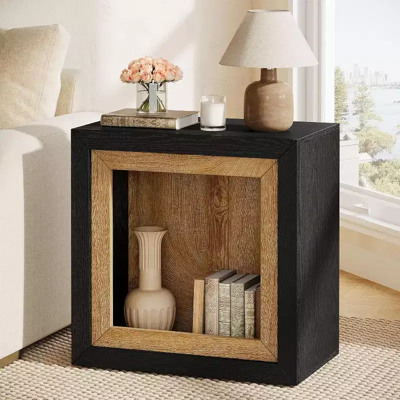 Wood End Table with Frame-Inspired Design, Rustic Cube Side Table for Living Room, Entrance, Black and Brown
