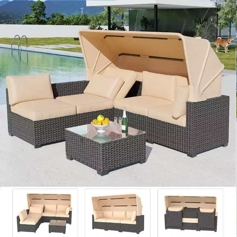6PCS Patio Furniture Set, Rattan Wicker Conversation Set with Retractable Canopy & Coffee Table, Outdoor Table and Chairs Set for Backyard Balcony