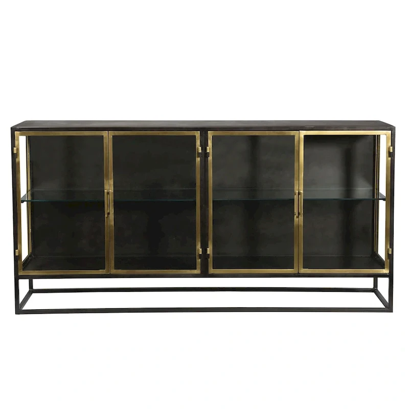 Gunmetal & Brass Black 4-Door Glass Sideboard, Industrial Style