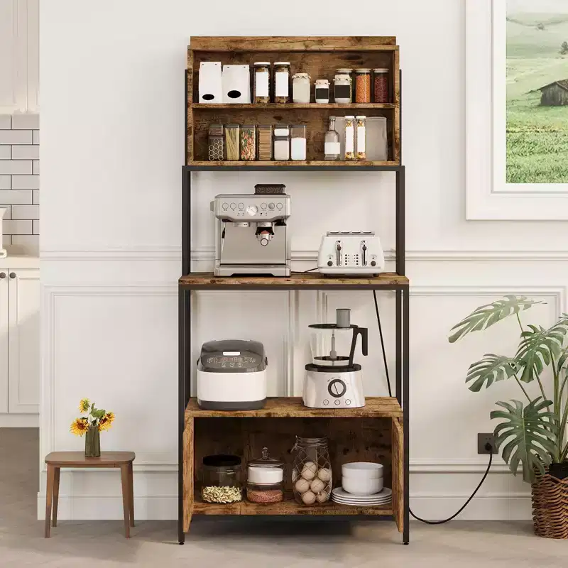 67.7 Rustic Brown 5-Tier Bakers Rack with Power Outlet C Industrial Microwave Stand & Kitchen Storage Cabinet for Pots/Pans/Spices