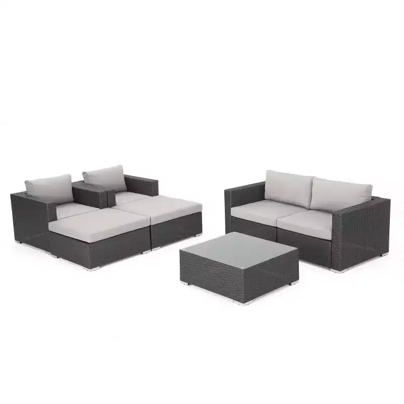 Christopher Knight Home Michael 7 Piece Patio Rattan and Aluminum Furniture Conversation Set with Coffee Table and Cushions