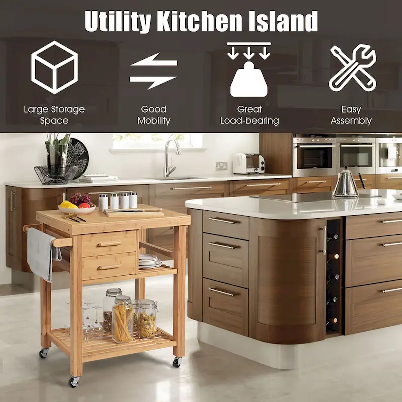 Costway Bamboo Kitchen Trolley Cart Wood Rolling Island w/ Tower Rack