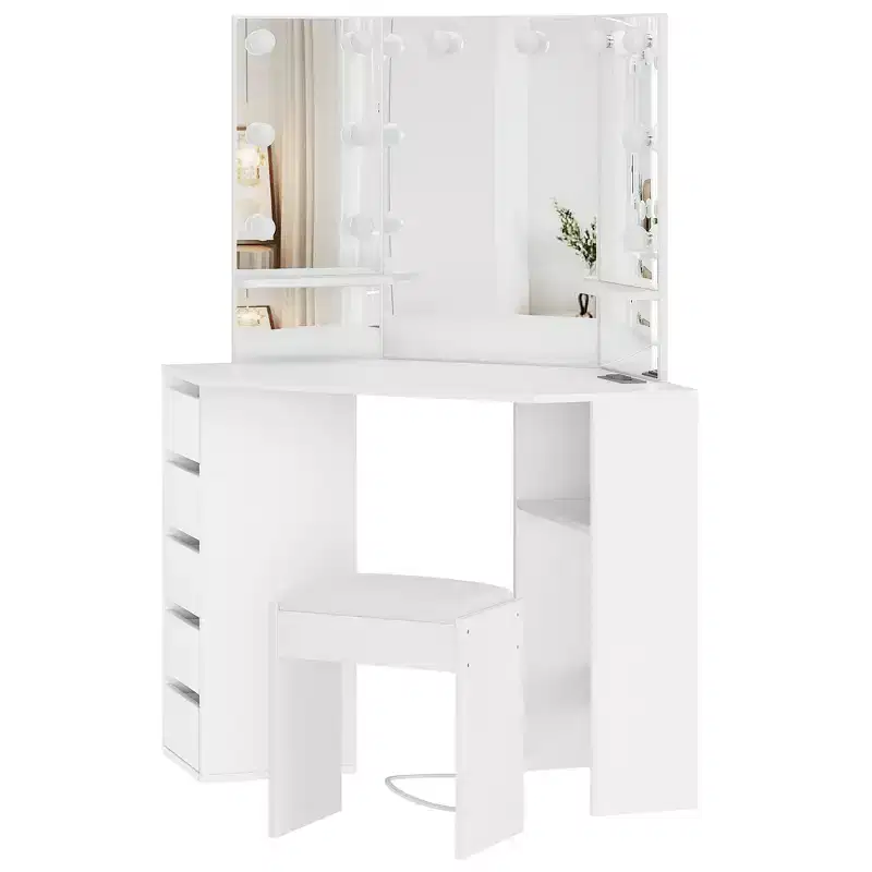 Corner vanity set with triple-fold lighted mirror, featuring a charging station, 5 rotating drawers, and storage benchperfect for the bedroom.