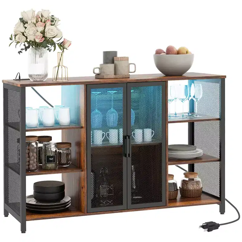 HOMCOM Wine Cabinet with Charging Station and LED Lights, Bar Cabinet with Glass Holders, Mesh Doors, Adjustable Shelf and 6 Open Compartments, Brown