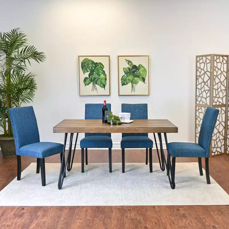 Roundhill Furniture Amisos Dining Set, Hairpin Dining Table with 4 Chairs and Upholstered Bench, 6-Piece