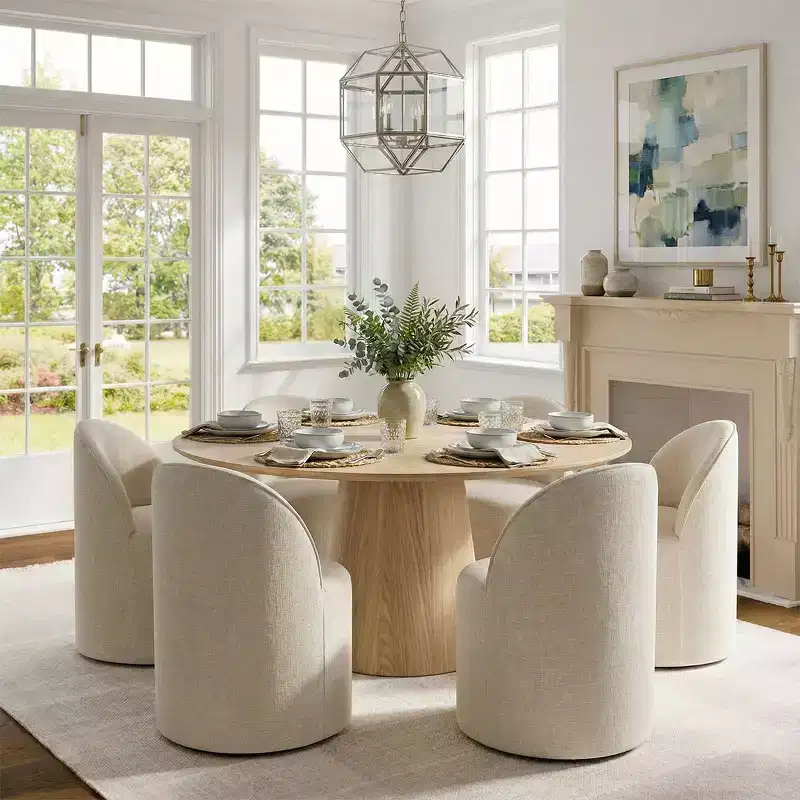 Modern Dining Table Set For 6, Round Pedestal Dining Table, Swivel Rolling Barrel Chairs With Wheels, Textured Chenille- Panipeachy