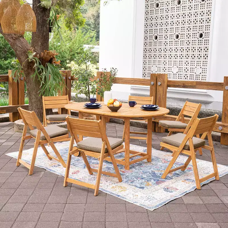 Sonoma Lane Belton 7pc Teak Folding Outdoor Dining Set with Sunbrella Cast Shale Cushions – Weather-Resistant Patio Furniture