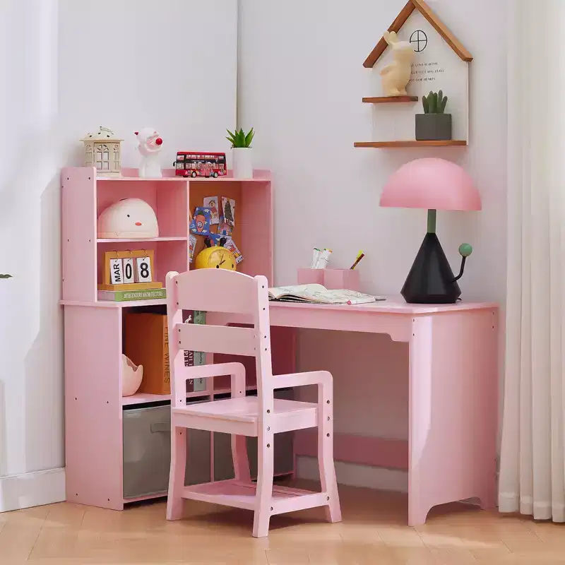 Children's corner table and chair set, L-shaped children's study table, with bulletin board, open bookshelf, storage cabinet and fabric drawer.