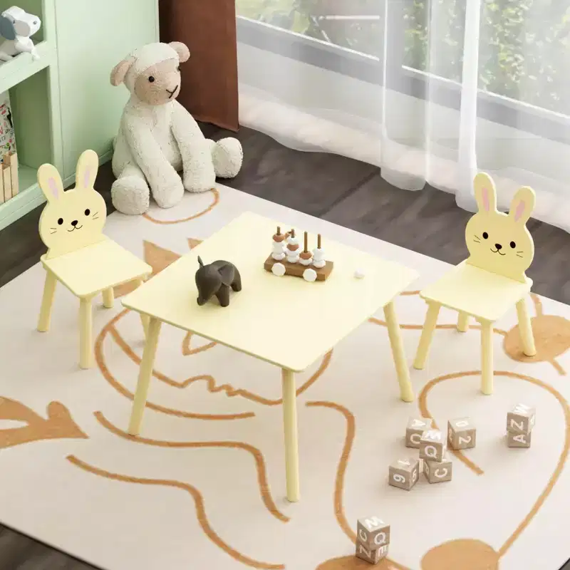 Etokfoks Kids Table and Chair Set with 2 Bunny Chairs Wooden Activity Table for Toddlers Animal Design for Playroom Bedroom Classroom Cream Yellow