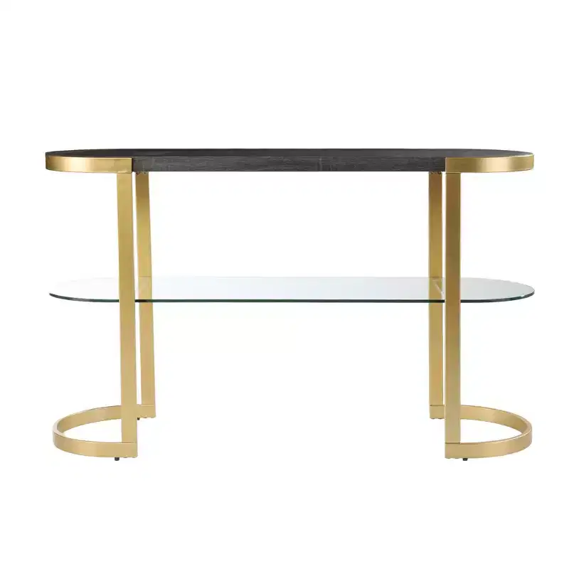 HomeRoots 49 Gray and Gold Solid Wood Oval Sled Console Table With Storage