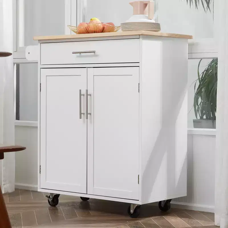 FAMYYT White Solid Rubber Wood Top 17.8 in. Kitchen Island Cart with 2 Door Cabinet and Drawers