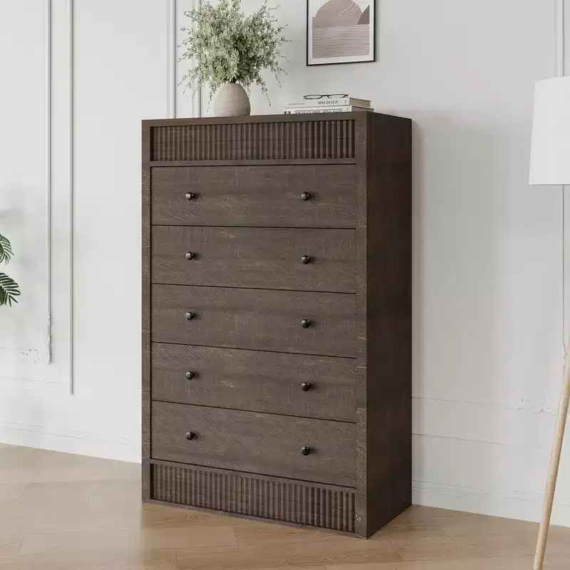 Modern Wood Storage Dresser,5-Drawer Fluted Chest, 31.5 Wide, Ideal for Kids Room, Hallway, and Living Room