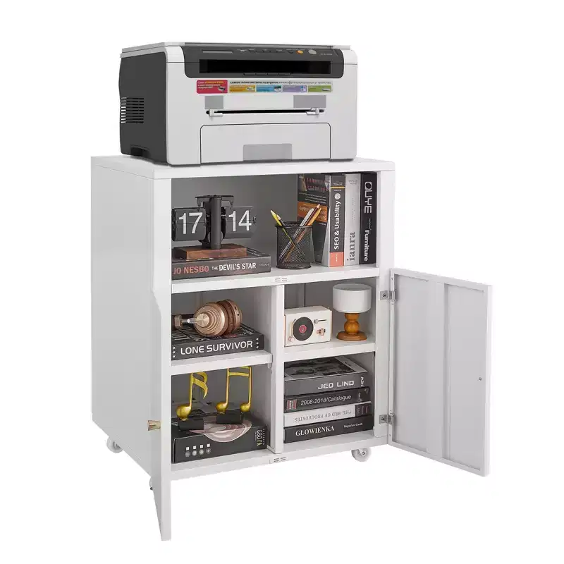 Metal Printer Stand with Storage, Heavy Duty Rolling Printer Cabinet with Doors, Large Printer Table Stand with Wheels for Office Copier Fax