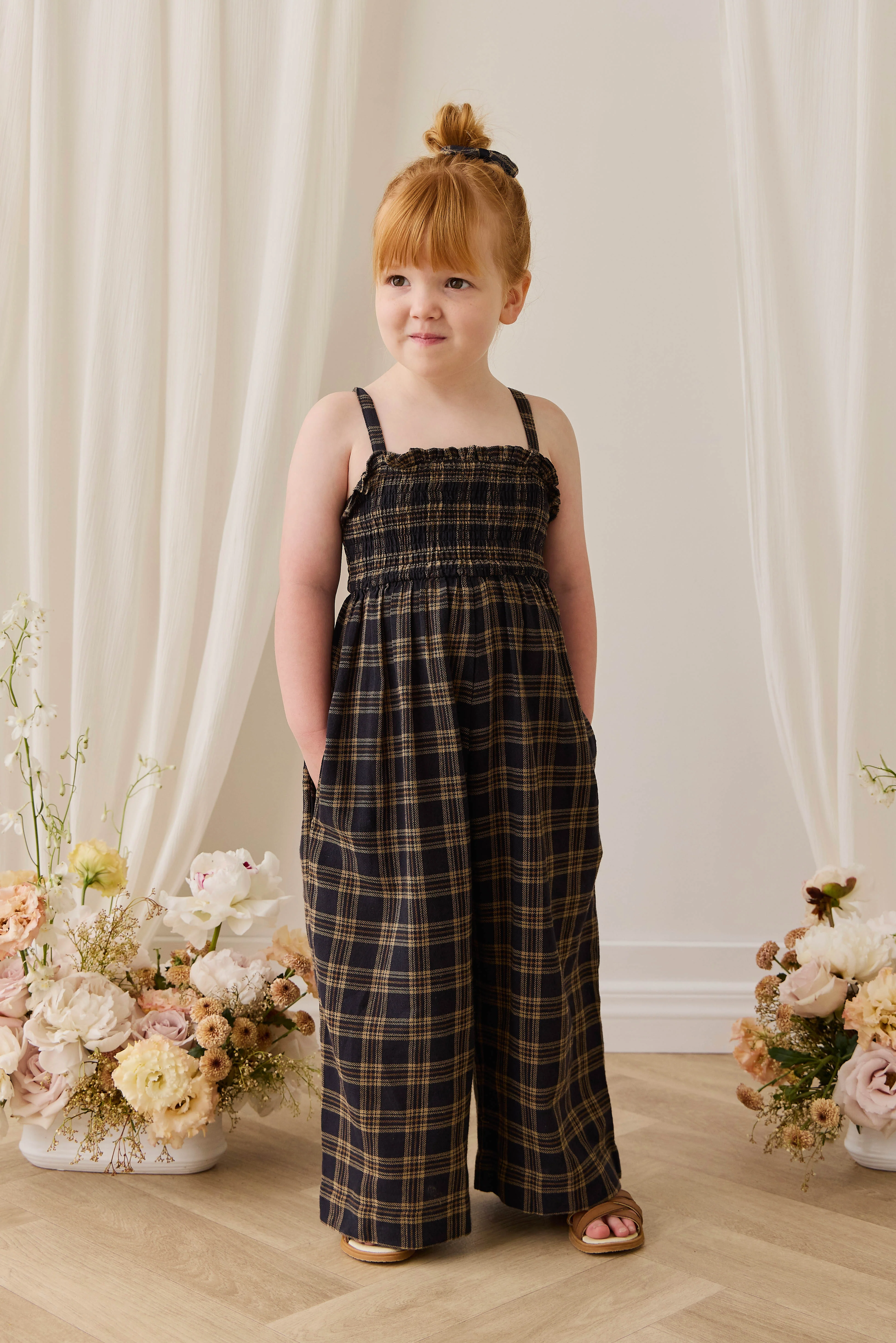 Classic Earthy Woodland Check Organic Cotton Sleeveless Jumpsuit with Relaxed Fit & Delicate Straps for Girls 6M–10Y
