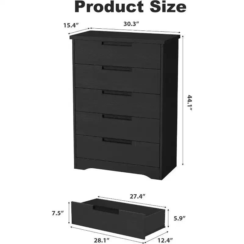 5 Drawer Dresser for Bedroom, Black 5 Chest of Drawers with Embedded Handles, Wooden Dresser Organizer for Living Room, Nursery, Hallway