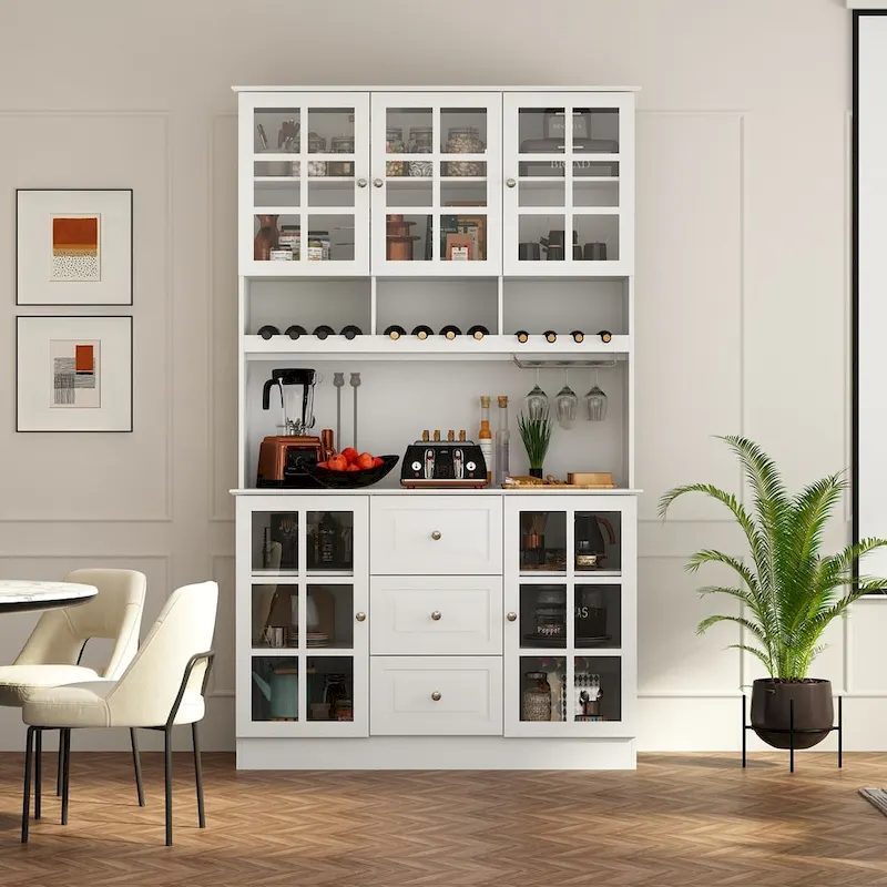78.9Pantry Buffet White Buffet with Wine Glass Rack Drawer and Hutch