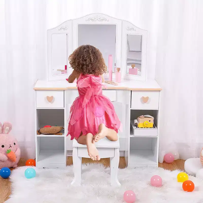 Kids Vanity Table & Stool Set with Tri-Fold Mirror, White Girls Makeup Vanity for Ages 3-9, Featuring Drawers and Open Shelves for Easy Storage