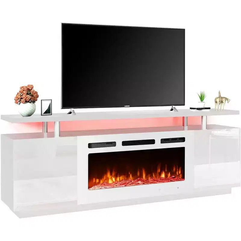 EROMMY 36'' Electric Fireplace TV Stand, Entertainment Center & TV Console for TVs up to 80'', Modern Fireplace Heater for Living Room - White